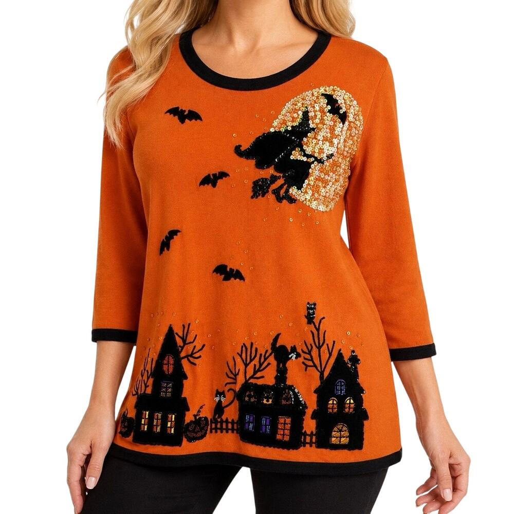 Quacker Factor Sz Large Orange Halloween Spooky Wearable Art Sweater sHIRT toP